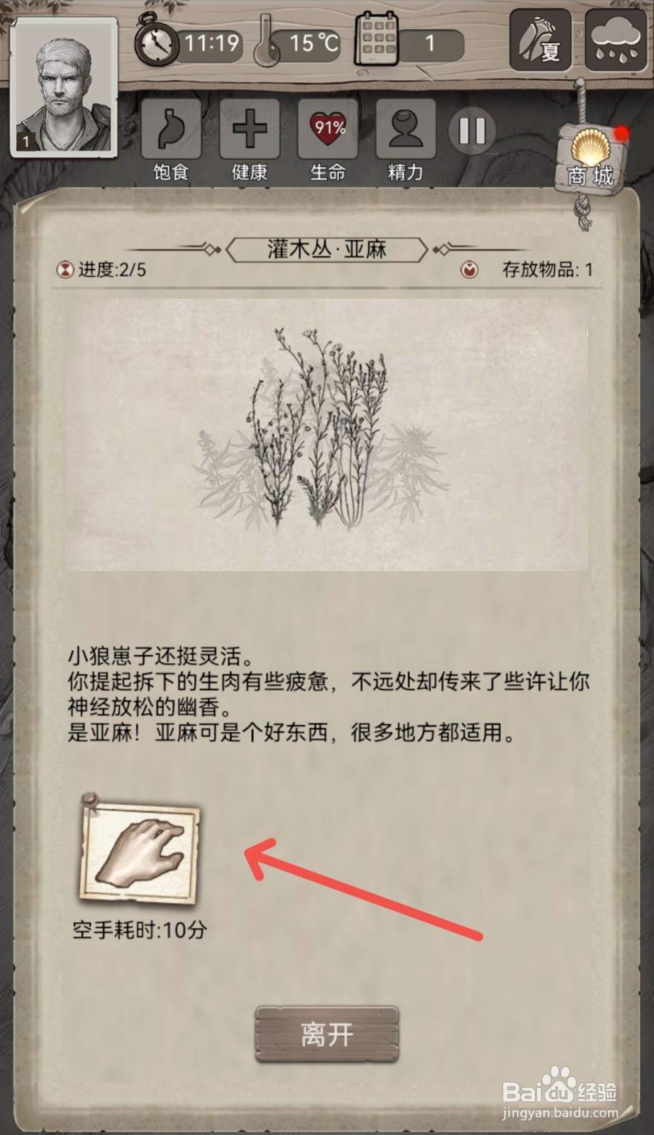 荒野日记怎么把收集到亚麻放入背包