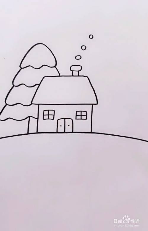 接着在小房子边上画上一棵都是雪的松树.