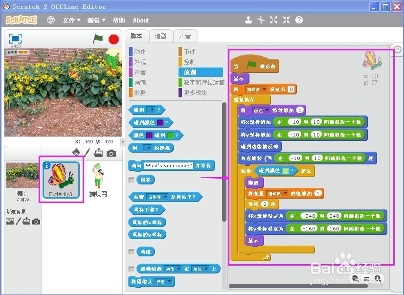 在scratch中怎样编写抓蝴蝶游戏?