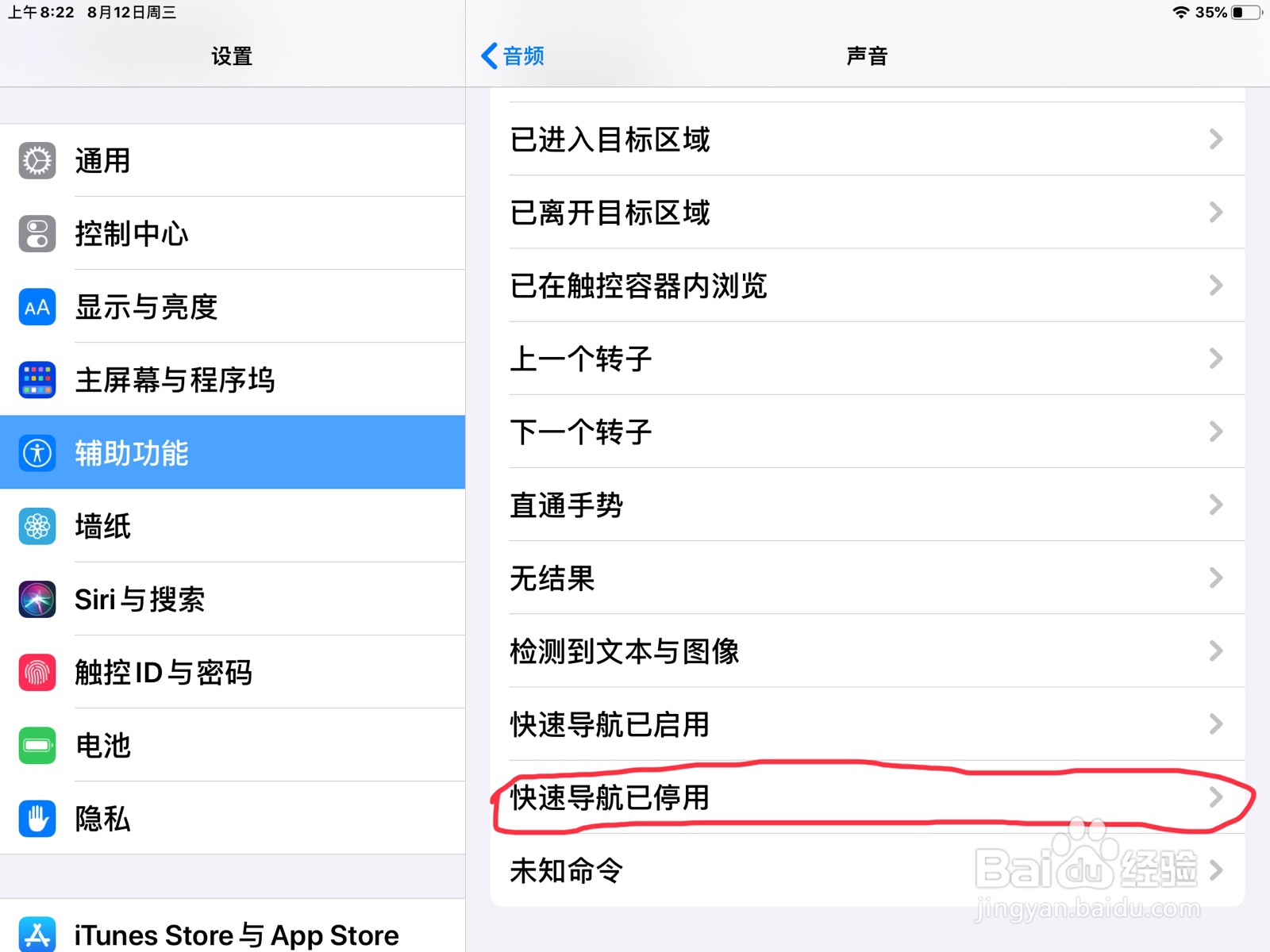 iPad怎么在旁白设置快速导航已停用的预览