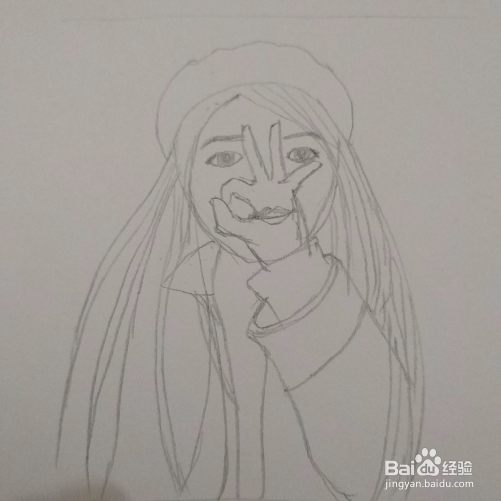 简笔画：小清新玫红色贝雷帽女孩步骤图