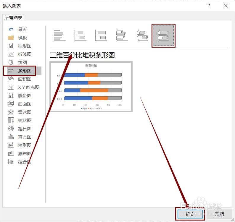 如何更改PPT中的三维百分比堆积条形图类型？