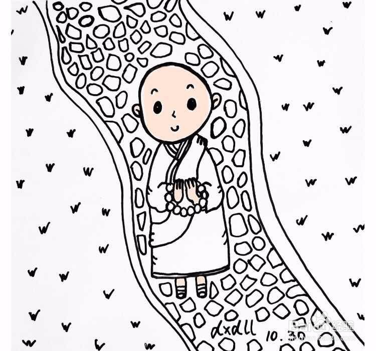 茉莉水彩手绘之踱步的小和尚