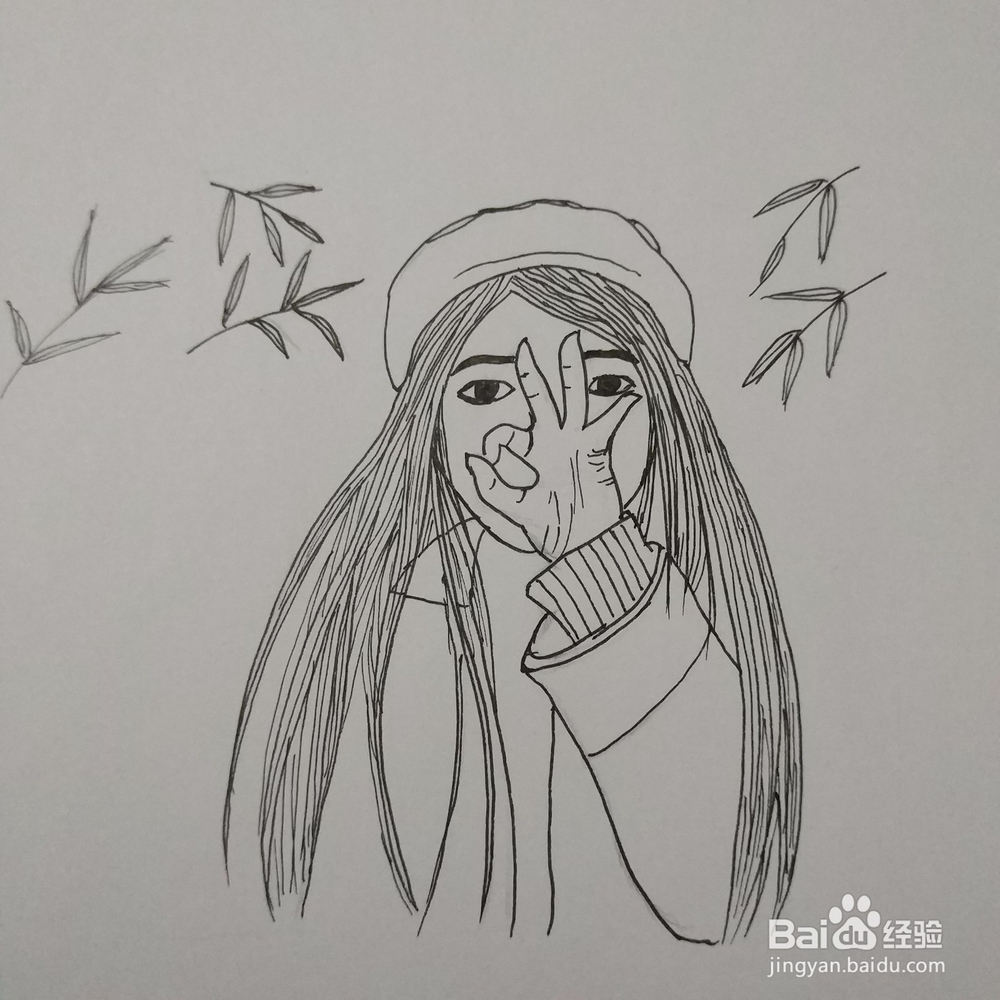 简笔画：小清新玫红色贝雷帽女孩步骤图