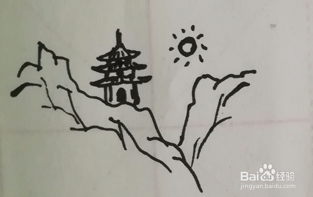 山、河、树、亭子、白云太阳组合简笔画