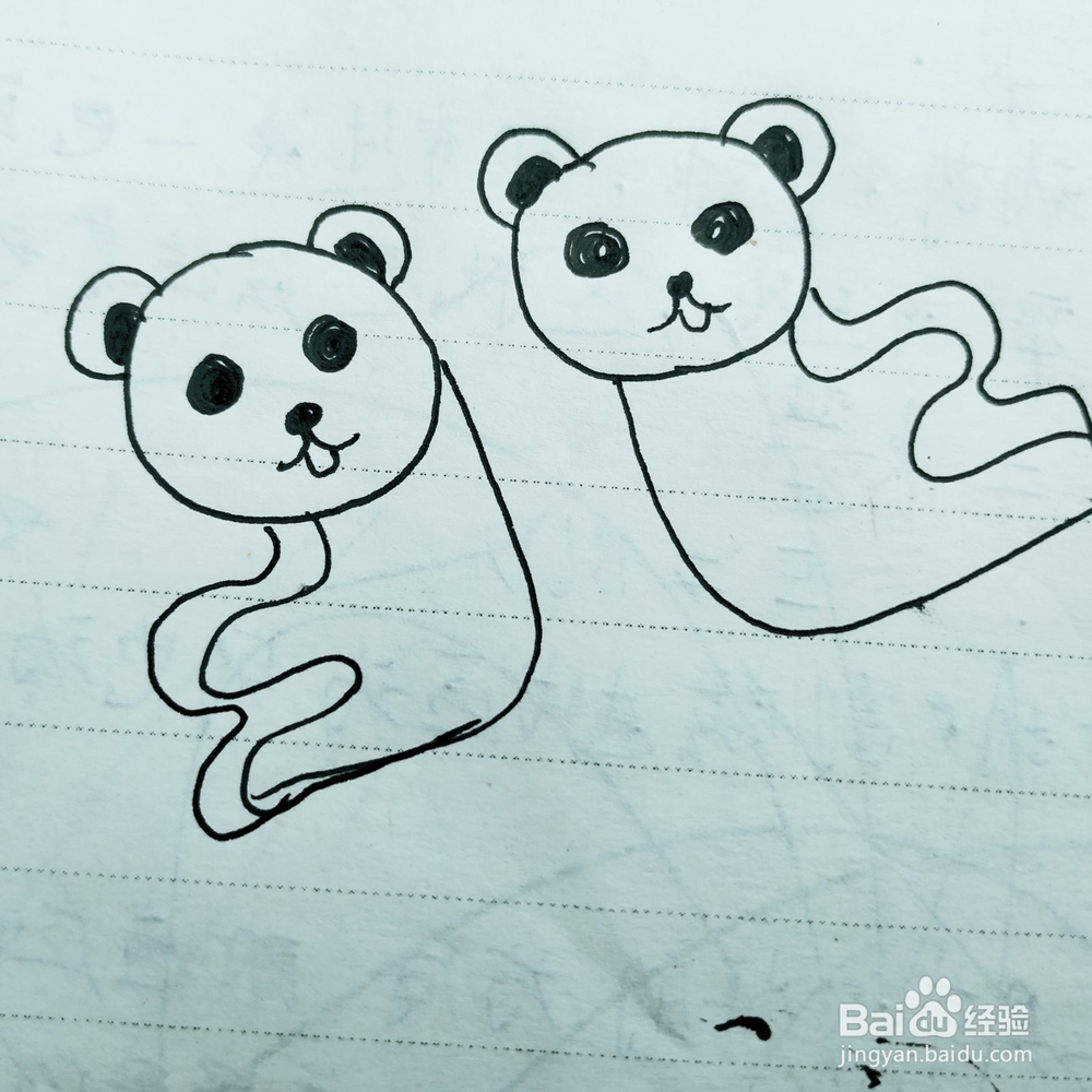 怎么画两只背对背的卡通大熊猫简笔画？