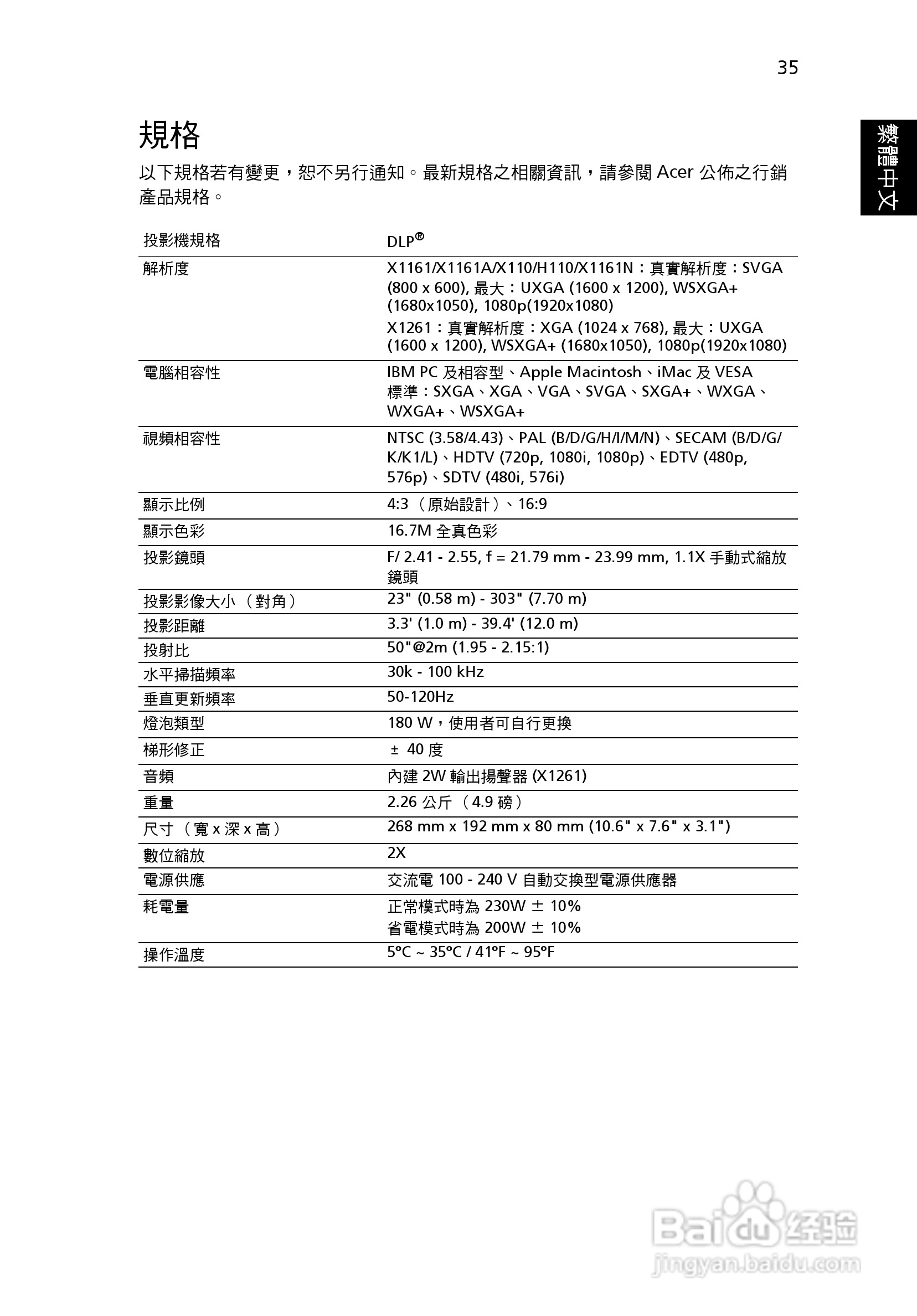 宏基H110投影机使用说明书:[5]