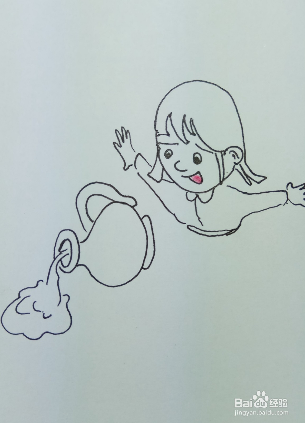 怎样画简笔画“小姑娘喊着罐子倒了”