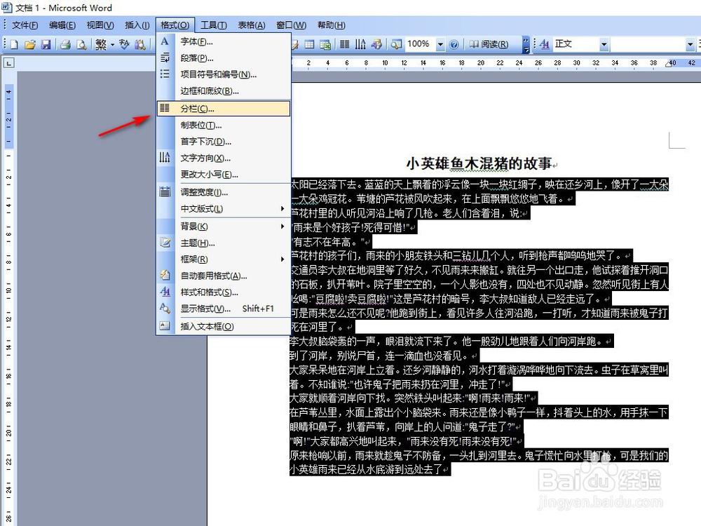 Word中如何将文字分两栏
