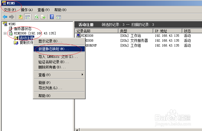 Windows server 2008新建WINS静态映射记录