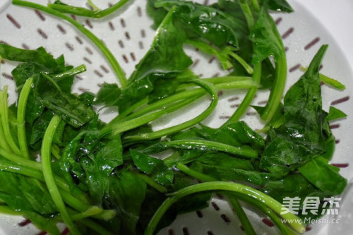 菠菜叶也像茎那样迅速焯烫,立刻放凉水凉透.